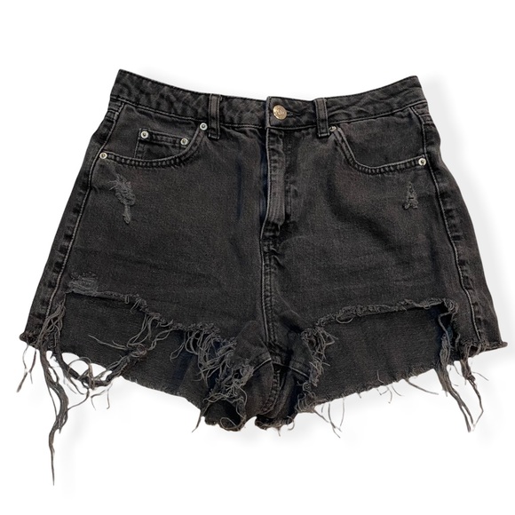 Topshop Moto Mom Black Denim High Rise Jean Shorts Distressed Frayed Hem US 6 - Picture 1 of 8